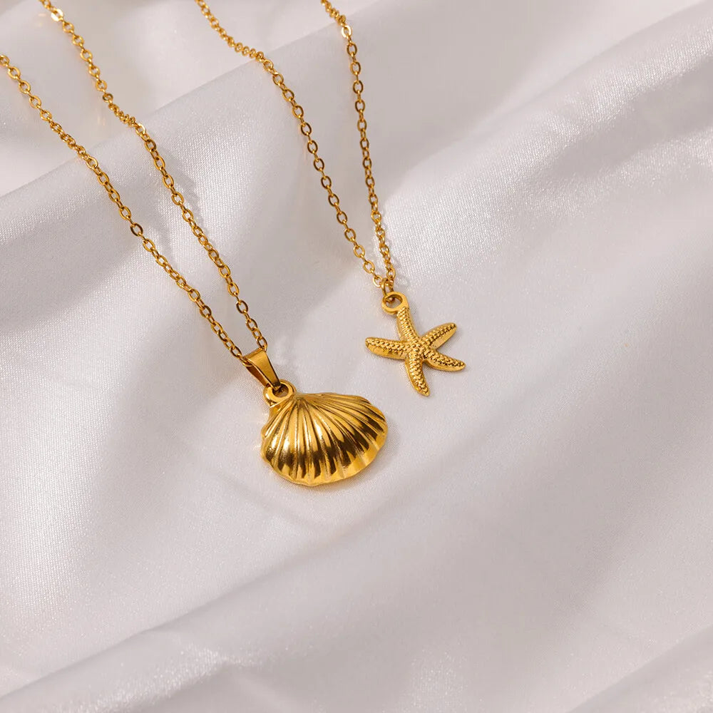 Ocean Starfish And Shell Necklace Gold Color